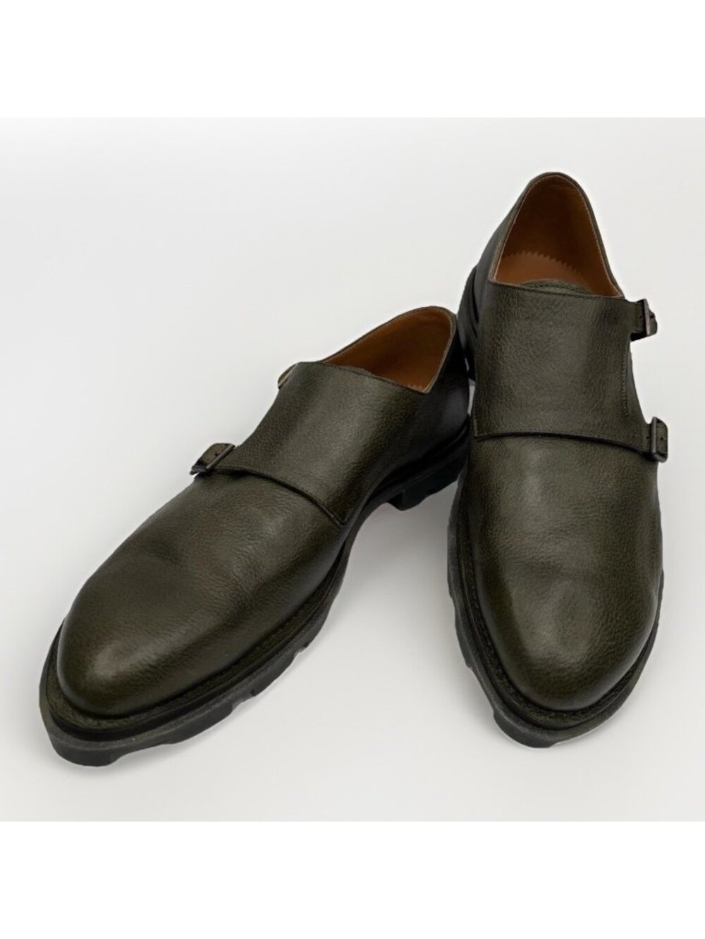 John Fluevog Collingtree Mens 10 Olive Green Leather Double Monk Strap Lug Shoes